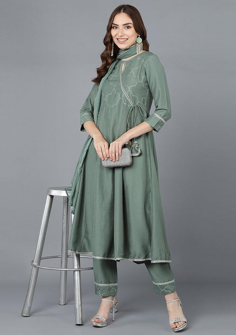 Teal Embroidered Poly Silk Kurta Set