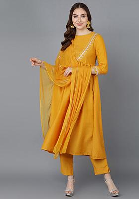 Mustard Solid Poly Silk Kurta Set