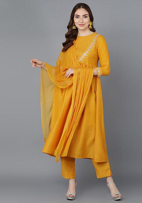 Mustard Solid Poly Silk Kurta Set