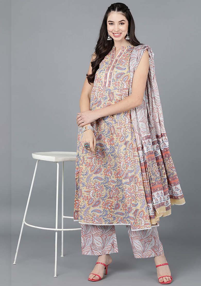 Yellow Printed Cotton Kurta Set