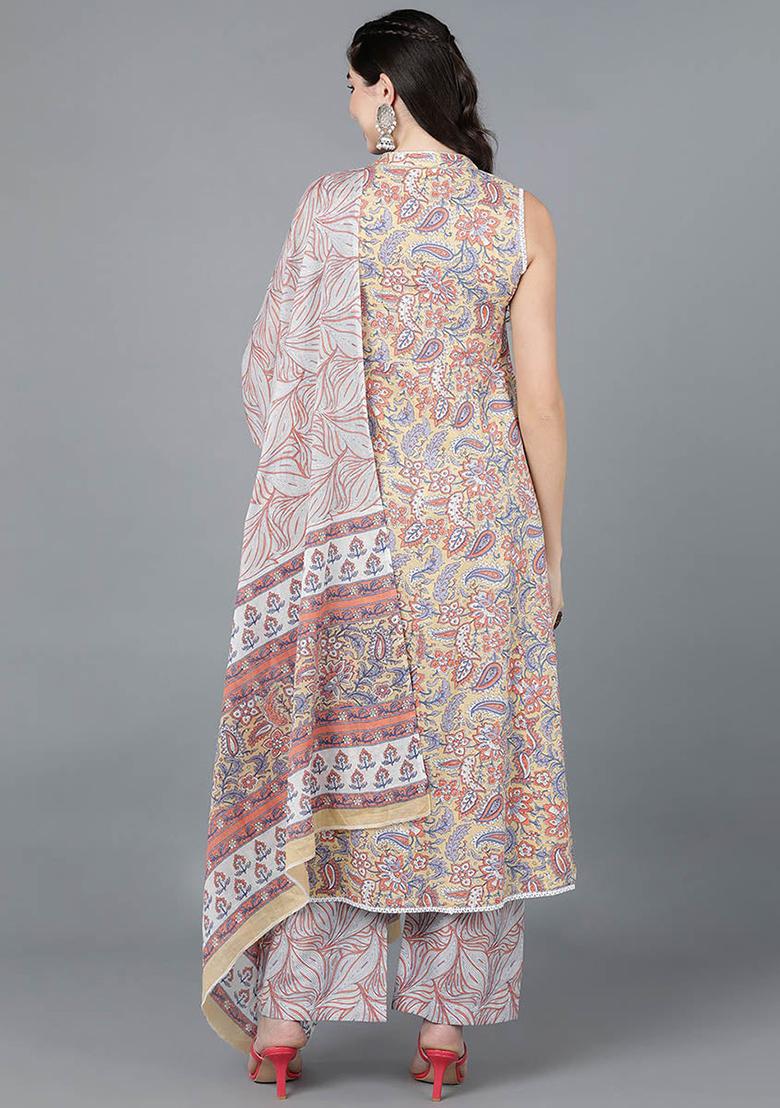 Yellow Printed Cotton Kurta Set