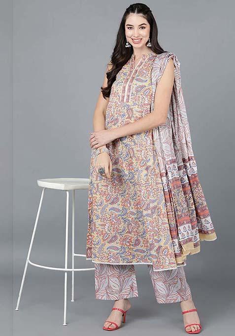 Yellow Printed Cotton Kurta Set