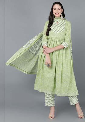 Green Printed Cotton Kurta Set