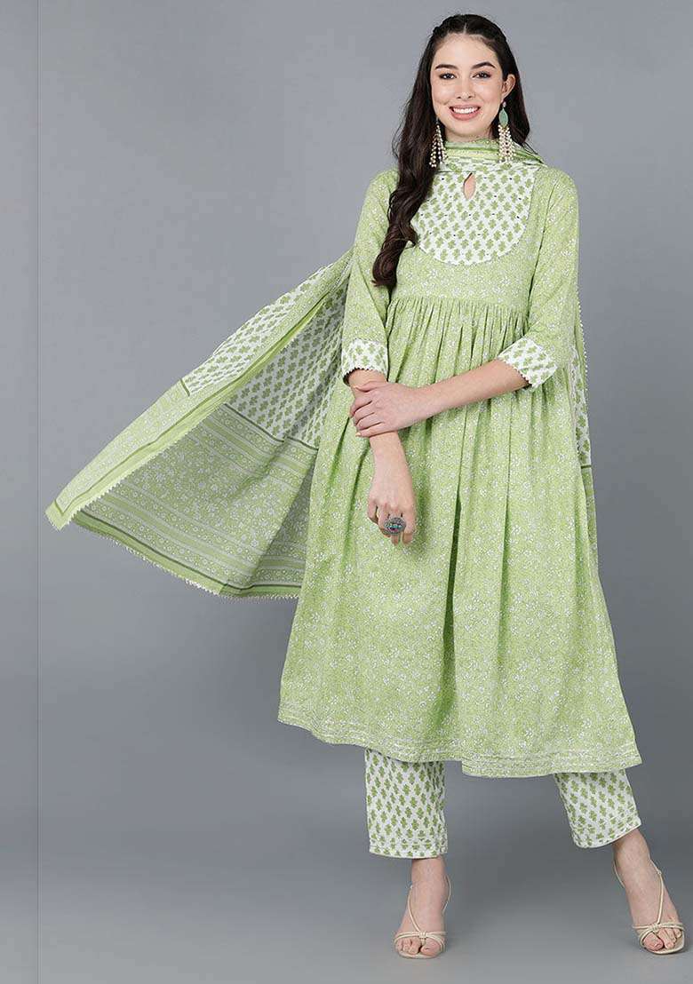 Green Printed Cotton Anarkali Set - Indya