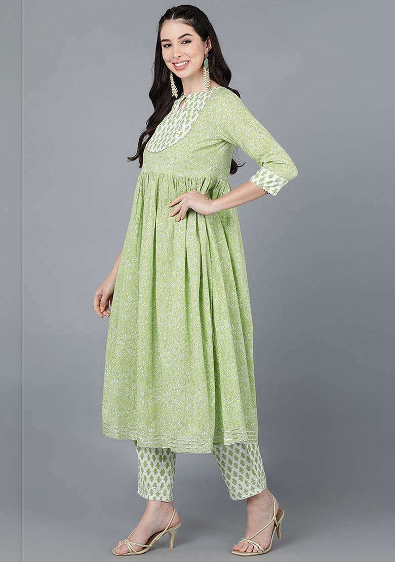 Green Printed Cotton Anarkali Set - Indya