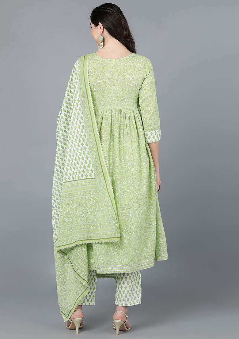 Green Printed Cotton Anarkali Set - Indya