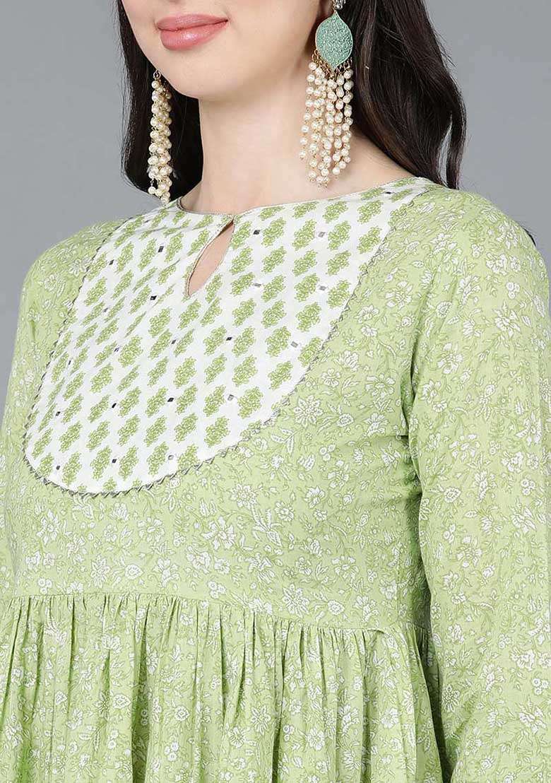 Green Printed Cotton Anarkali Set - Indya