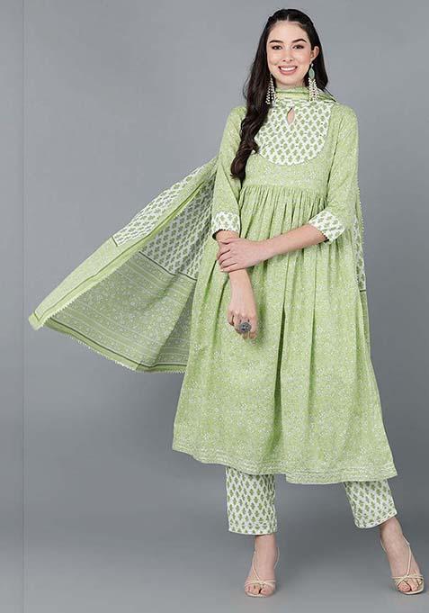 Green Printed Cotton Anarkali Set — view on Indya