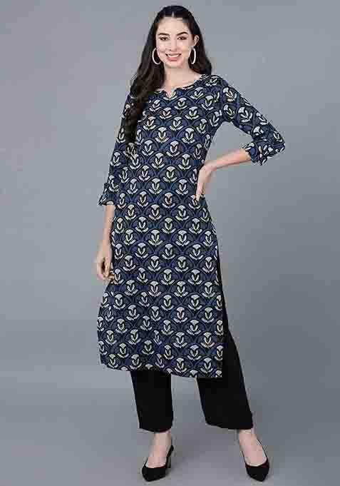 Navy Blue Printed Rayon Blend Kurta