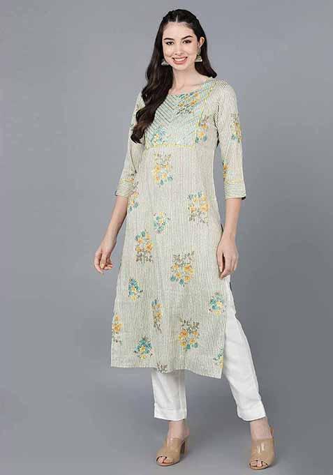 Beige Printed Cotton Kurta