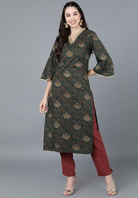 Green Printed Cotton Kurta