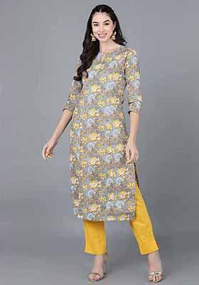 Grey Printed Cotton Kurta