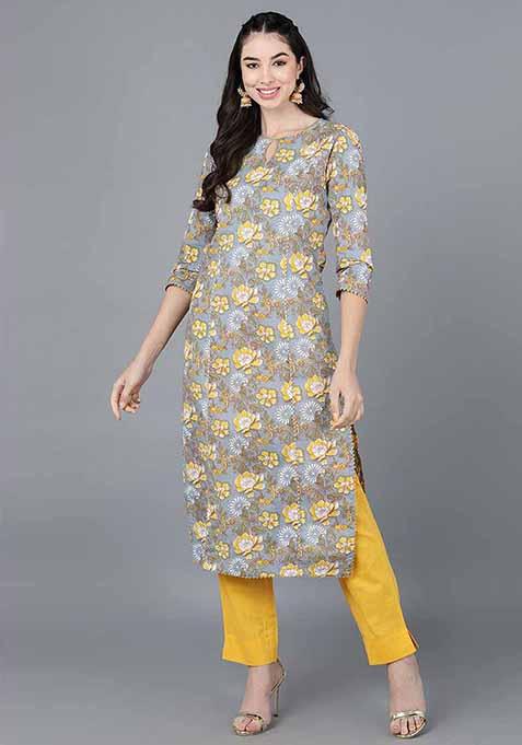 Grey Printed Cotton Kurta