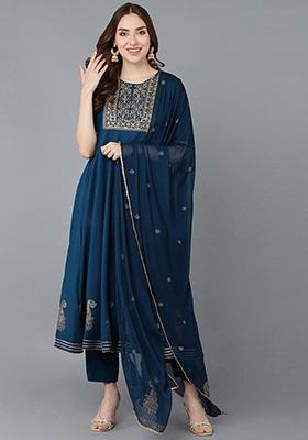 Teal Printed Silk Blend Kurta Set