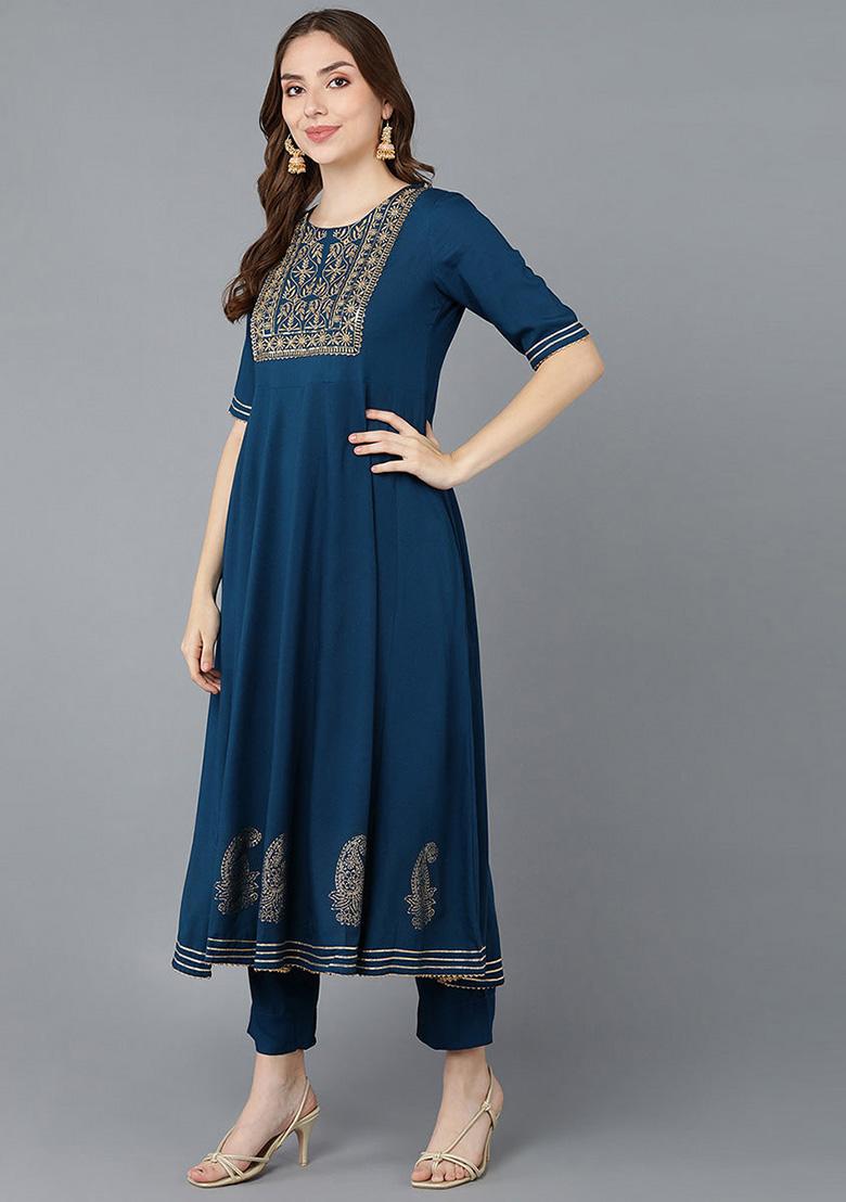 Teal Printed Silk Blend Kurta Set