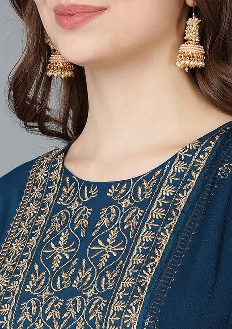 Teal Printed Silk Blend Kurta Set