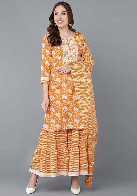 Orange Printed Cotton Kurta Set