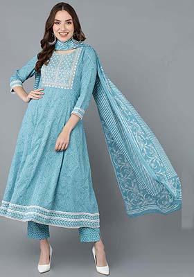 Blue Embroidered Rayon Blend Kurta Set