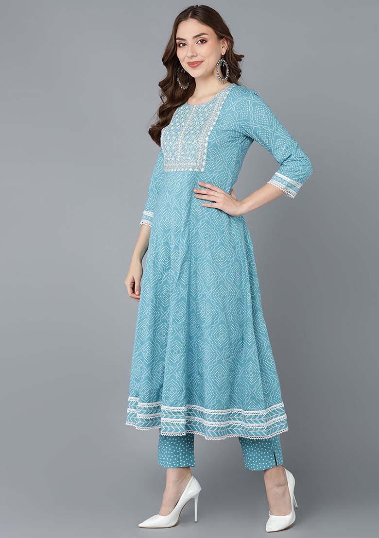 Blue Embroidered Rayon Blend Kurta Set