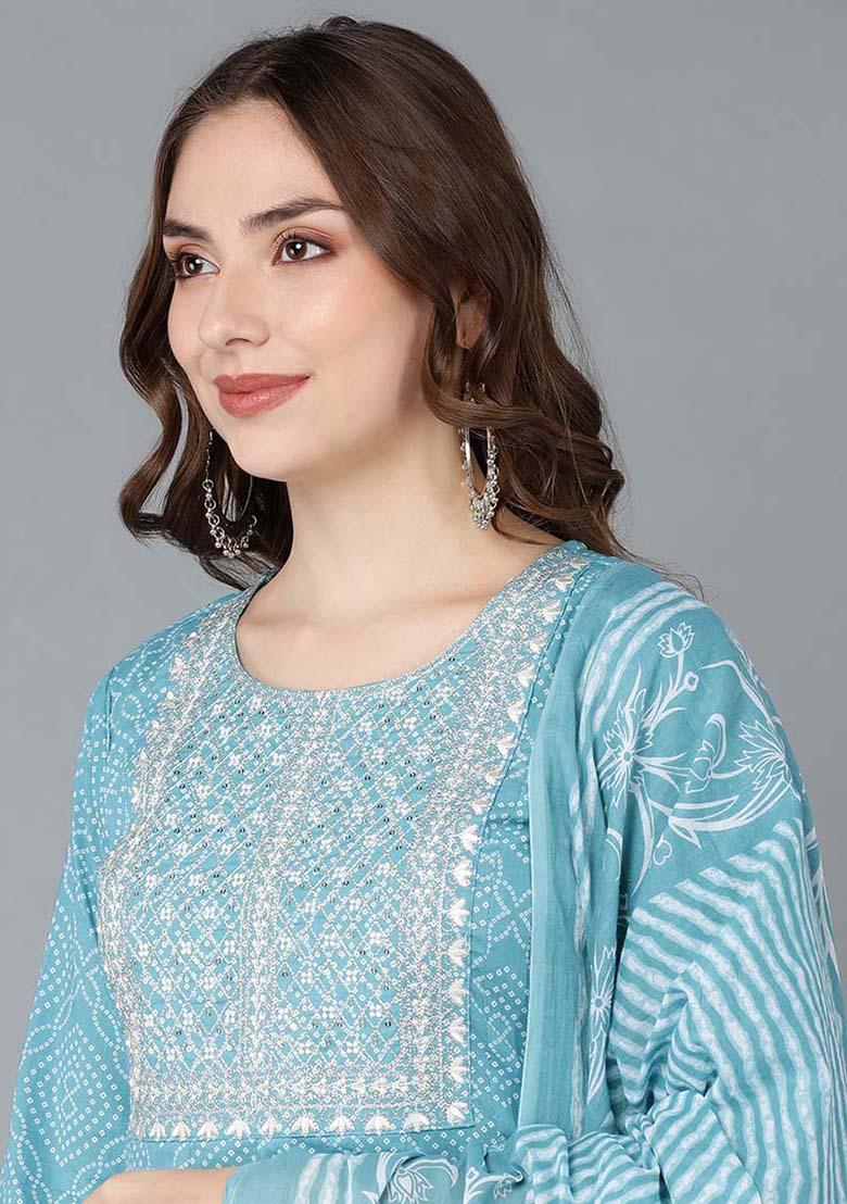 Blue Embroidered Rayon Blend Kurta Set