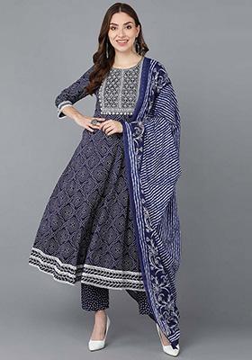 Navy Blue Printed Rayon Blend Kurta Set