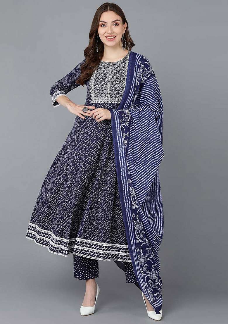 Navy Blue Printed Rayon Anarkali Set - Indya