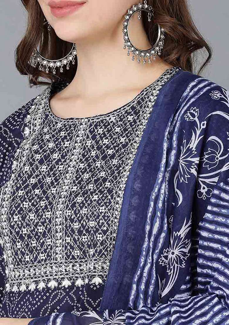 Navy Blue Printed Rayon Anarkali Set - Indya