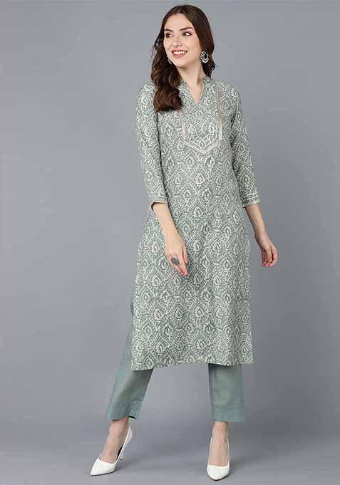 Green Printed Cotton Kurta