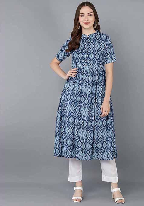 Blue Printed Rayon Blend Kurta