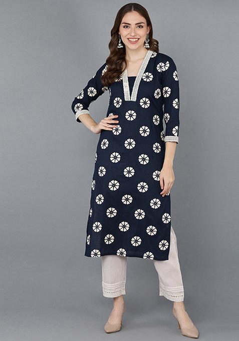 Navy Blue Printed Cotton Kurta