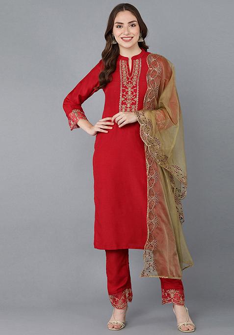 Red Embroidered Poly Silk Kurta Set