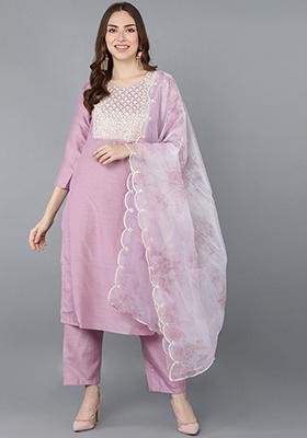 Lavender Embroidered Poly Silk Kurta Set