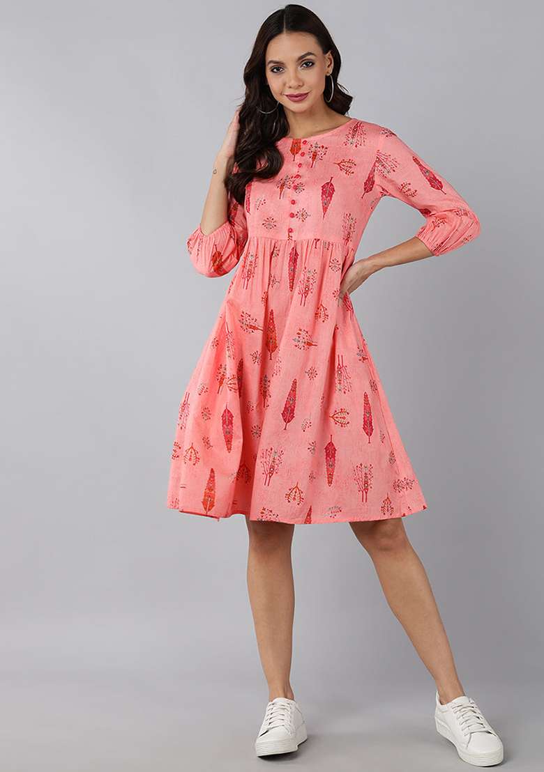 Pink Printed Cotton Dress - Indya