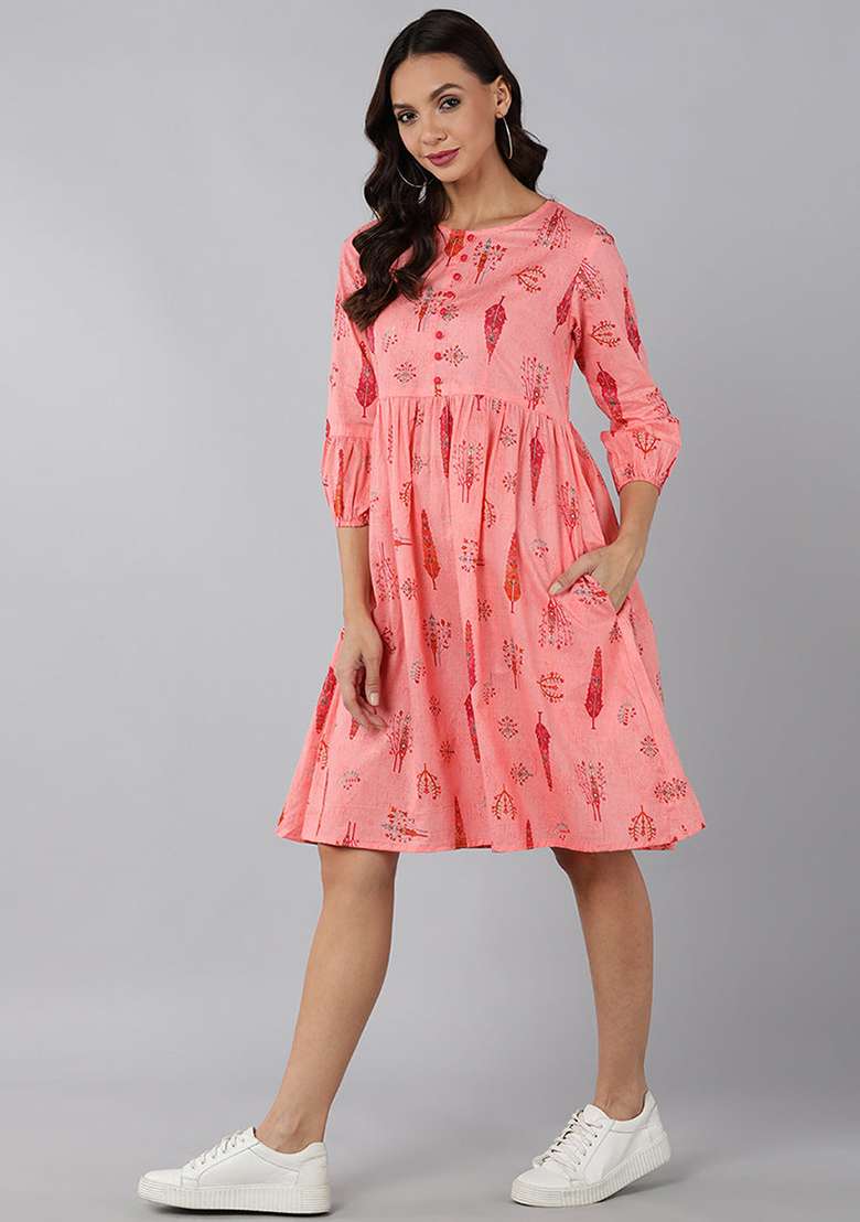 Pink Printed Cotton Dress - Indya