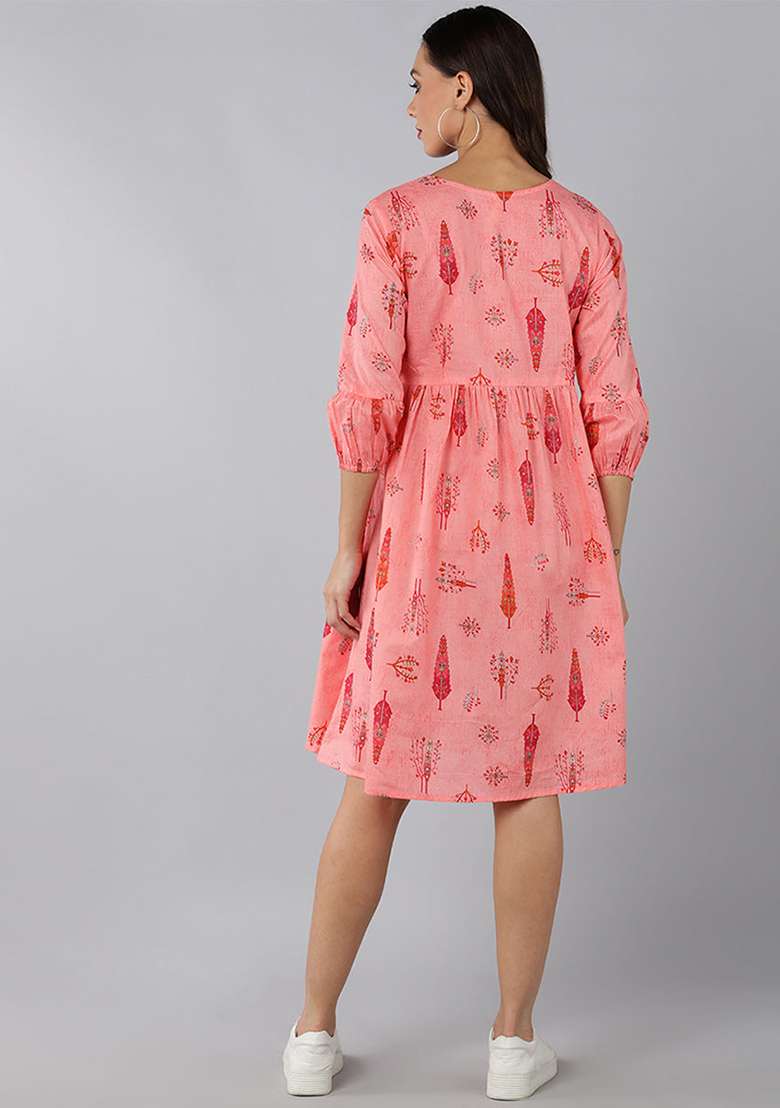 Pink Printed Cotton Dress - Indya