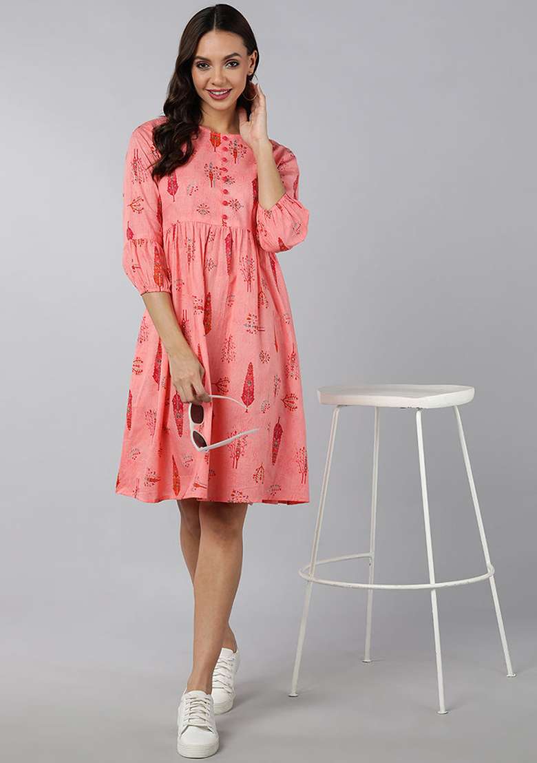 Pink Printed Cotton Dress - Indya