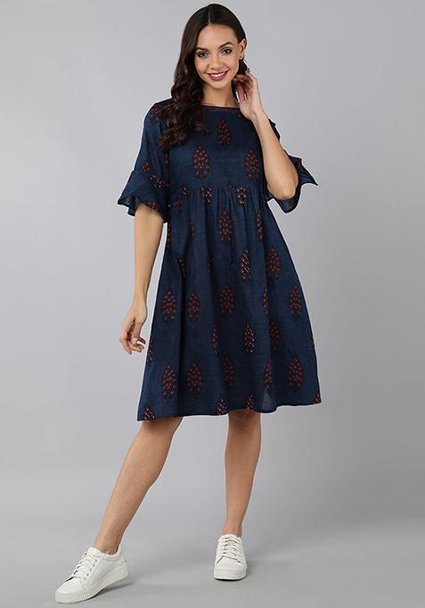 Navy Blue Printed Cotton Dress