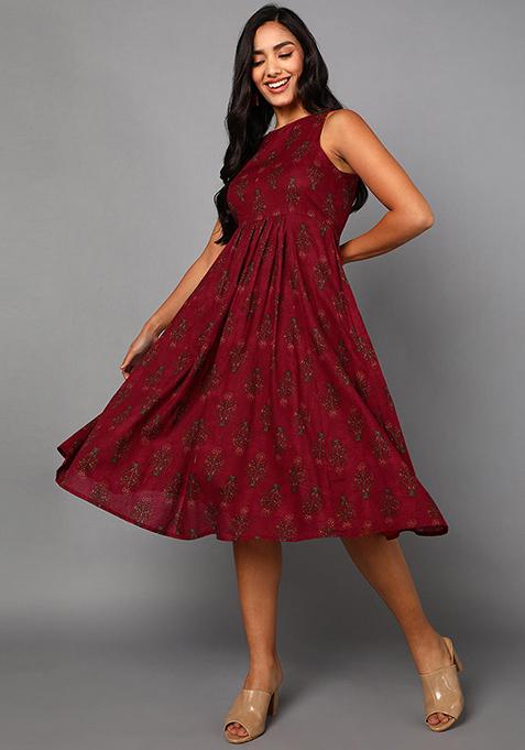 Maroon Printed Cotton Dress