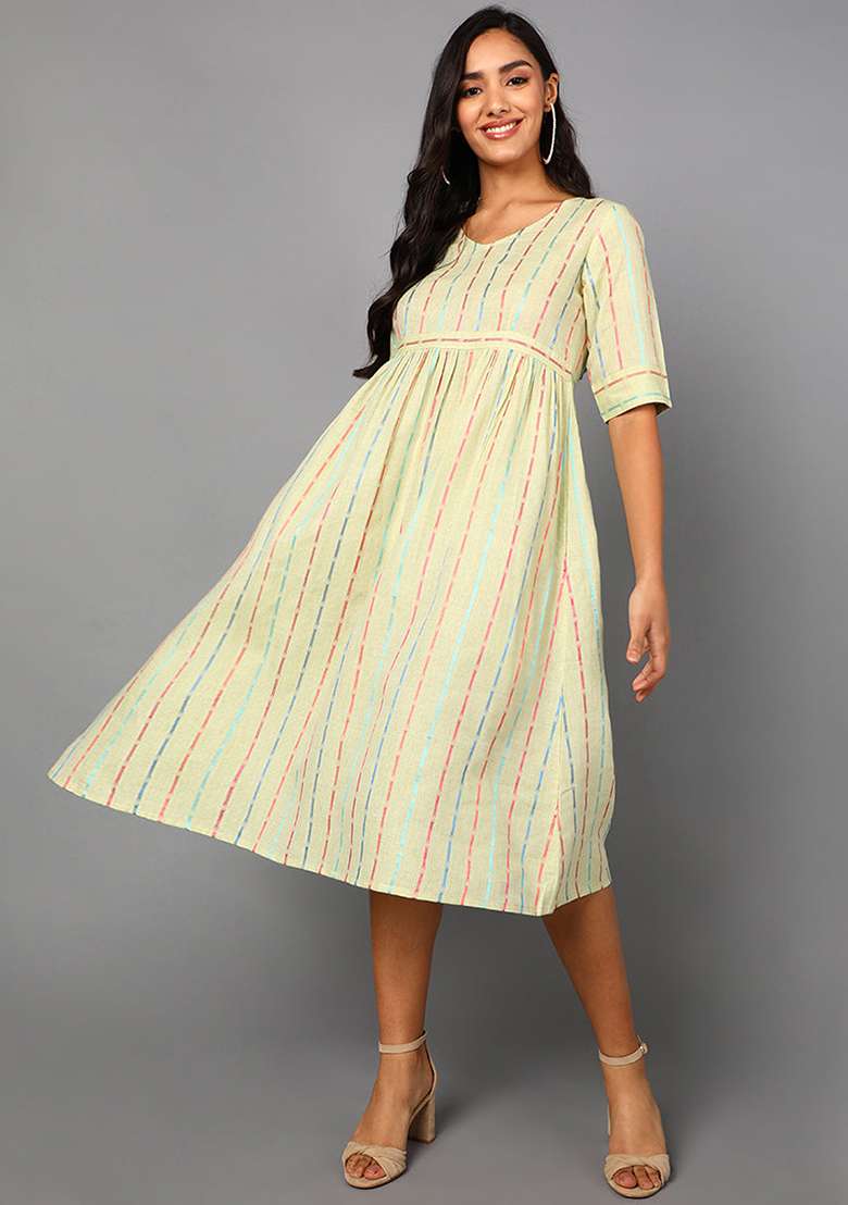 Cream Striped Cotton Kurta - Indya