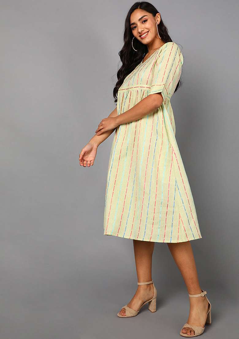 Cream Striped Cotton Kurta - Indya