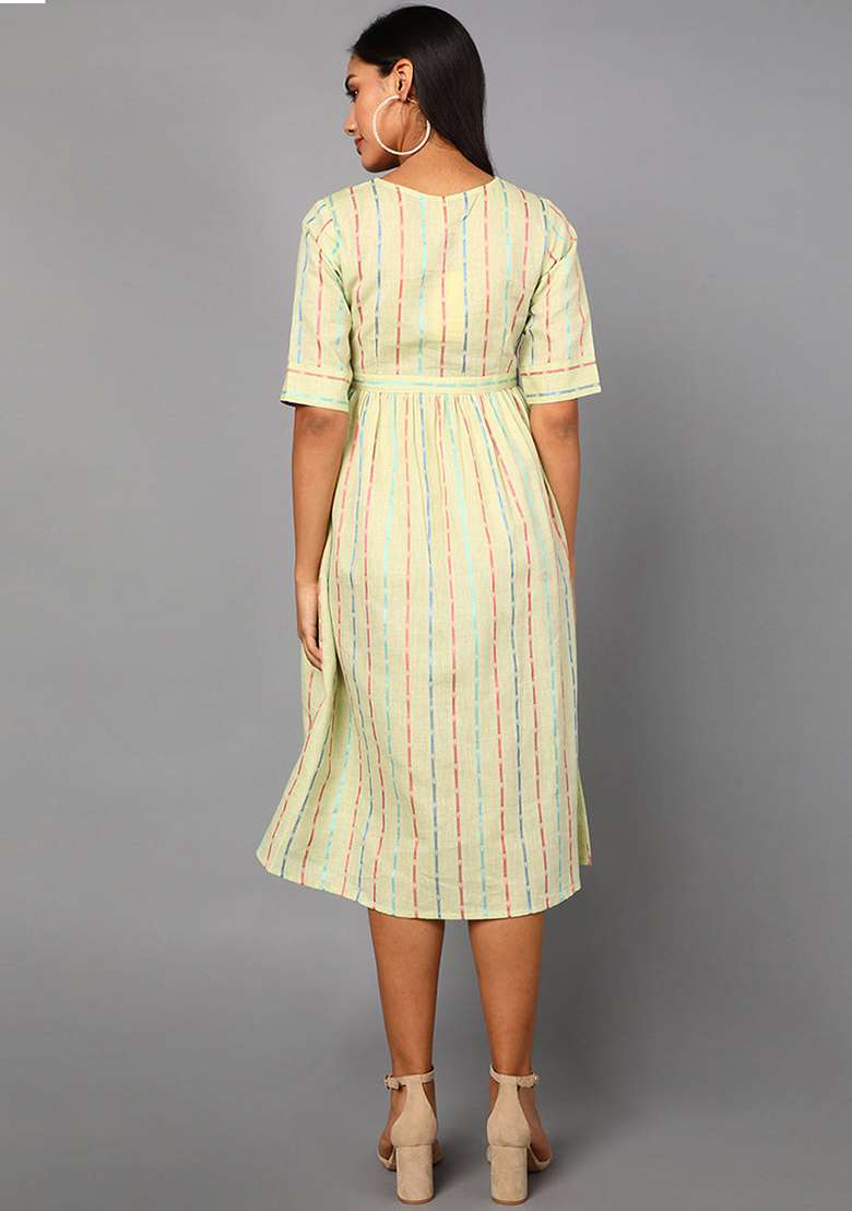 Cream Striped Cotton Kurta - Indya