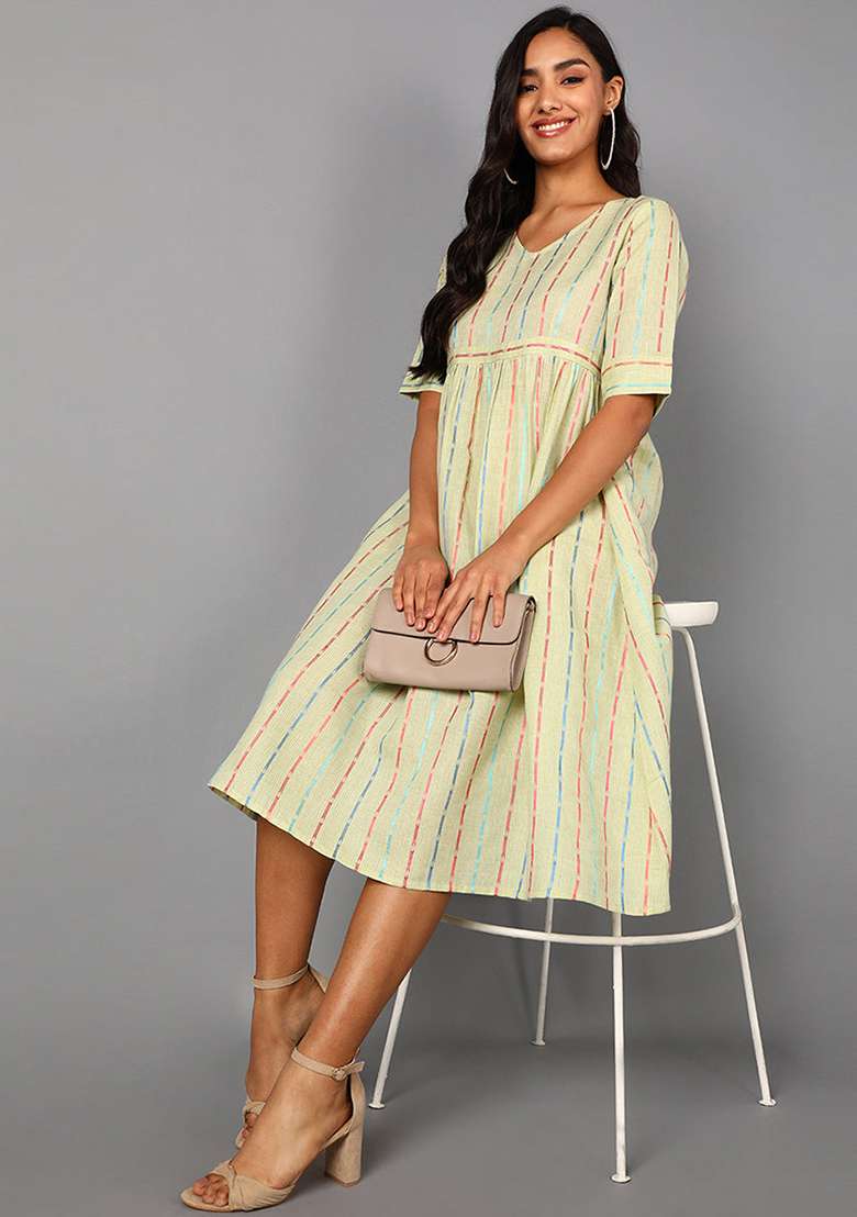 Cream Striped Cotton Kurta - Indya
