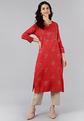 Red Embroidered Cotton Kurta