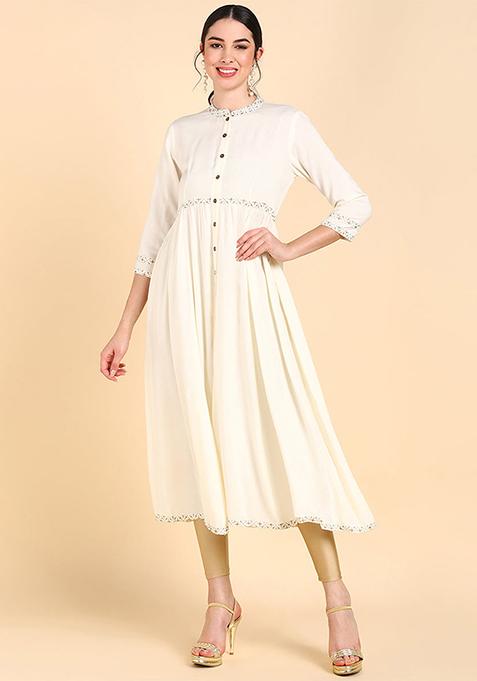 Cream Solid Rayon Kurta