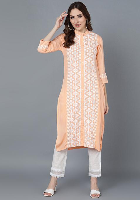 Peach Printed Silk Straight Kurta Set