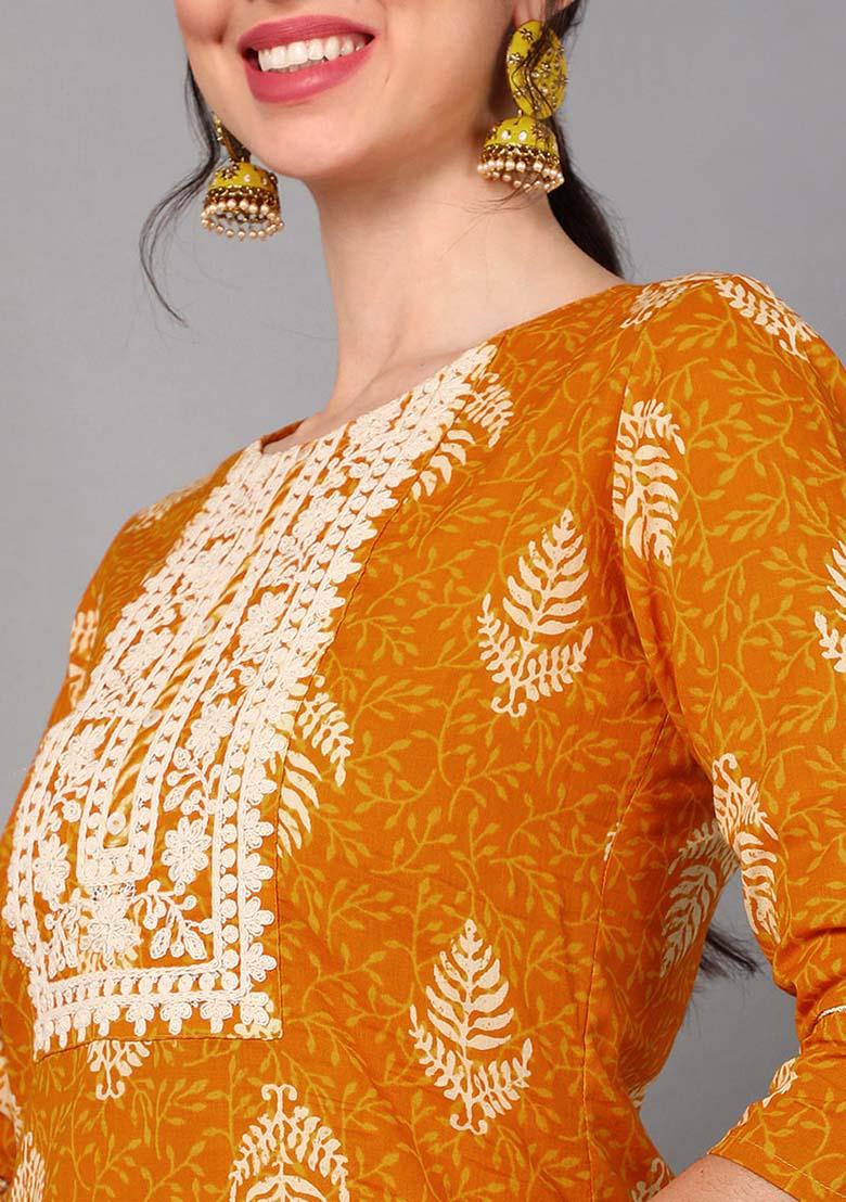Mustard Embroidered Cotton Kurta Set - Indya