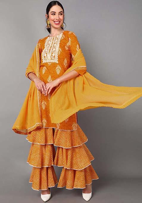 Mustard Embroidered Cotton Kurta Set