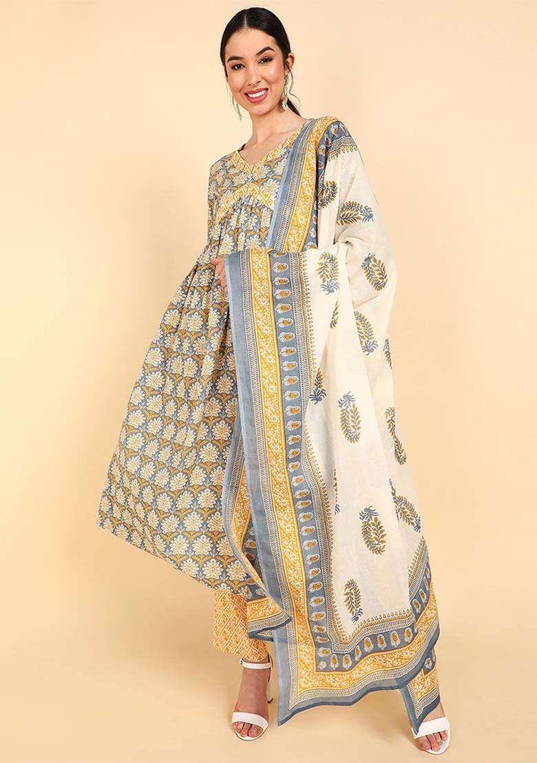 Yellow Printed Cotton A Line Kurta Set - Indya