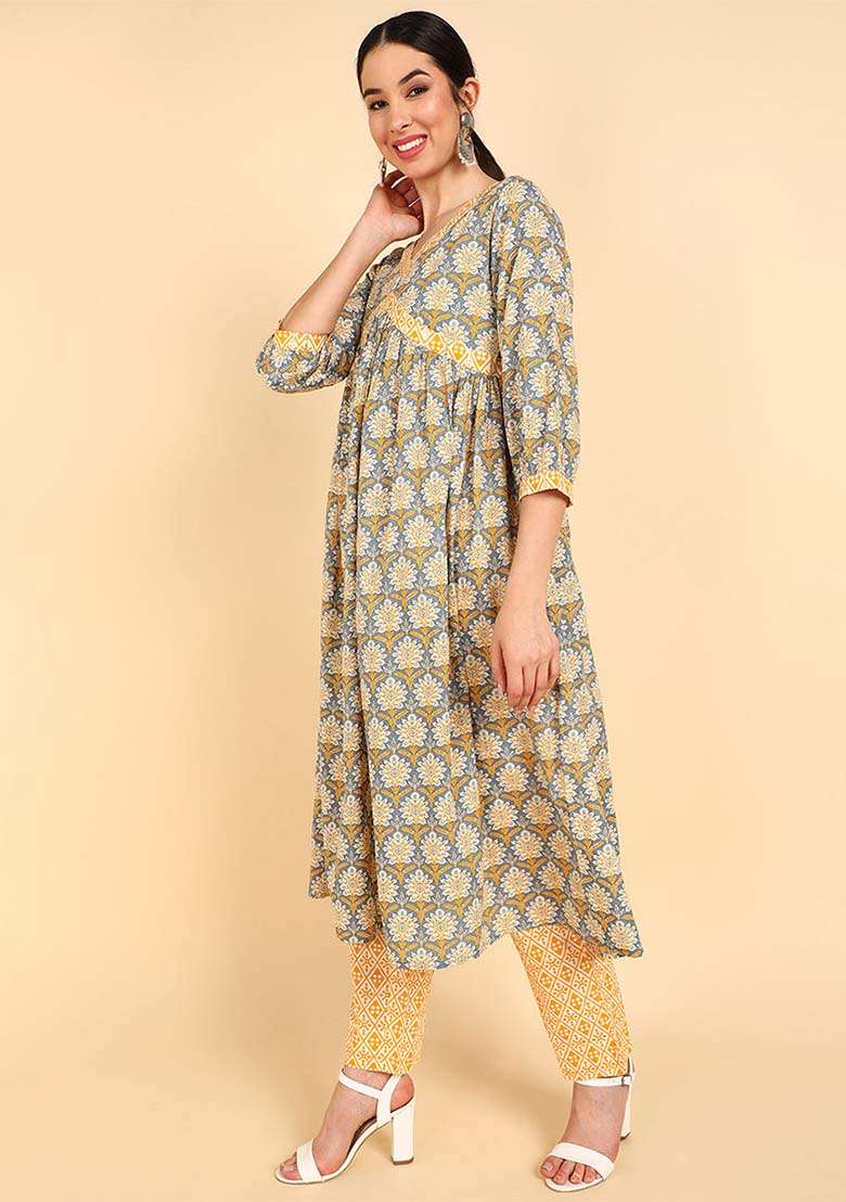 Yellow Printed Cotton A Line Kurta Set - Indya