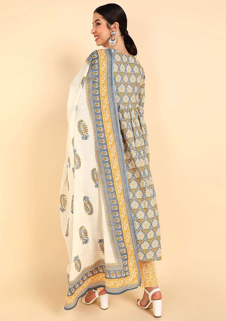 Yellow Printed Cotton A Line Kurta Set - Indya